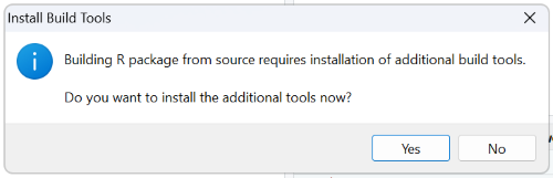 Click Yes to install Rtools along with the devtools package